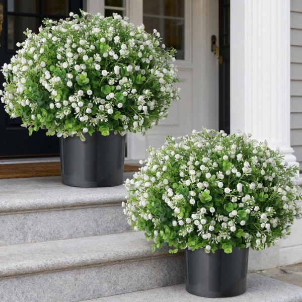 Artificial eucalyptus and baby's breath topiary for outdoor decor