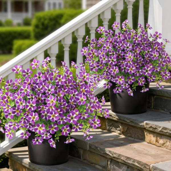 Artificial purple morning glory and eucalyptus topiary for entryway decor