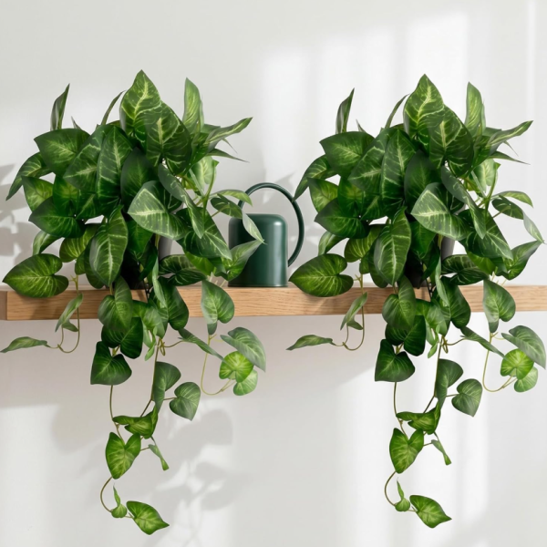 Dual-plant artificial hanging pothos vine for indoor decor