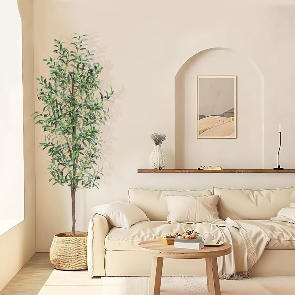 Artificial olive tree floor plant with fruit; decorative tree for living rooms, offices, and outdoor spaces