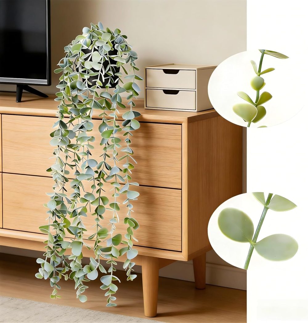 Modern-style artificial hanging eucalyptus plant for indoor bedroom or bookshelf decor
