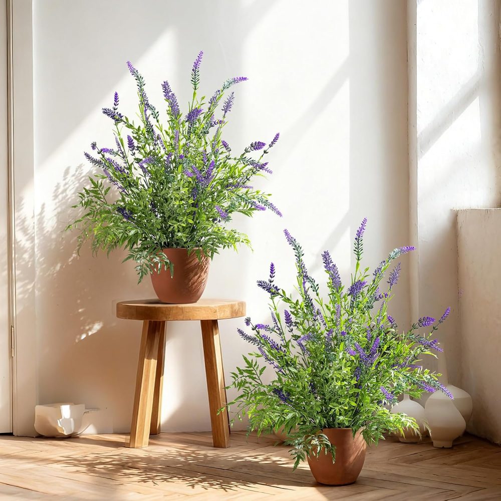 Set of two artificial potted lavender plants for indoor, balcony, patio, or garden decor