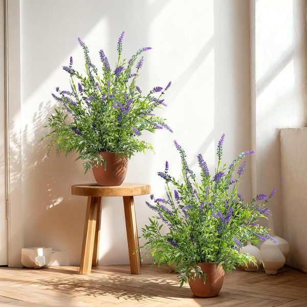 Set of two artificial potted lavender plants for indoor, balcony, patio, or garden decor