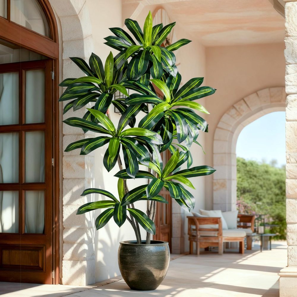 Large artificial floor-standing tree in a white planter; decorative greenery for living rooms, patios, and outdoor spaces