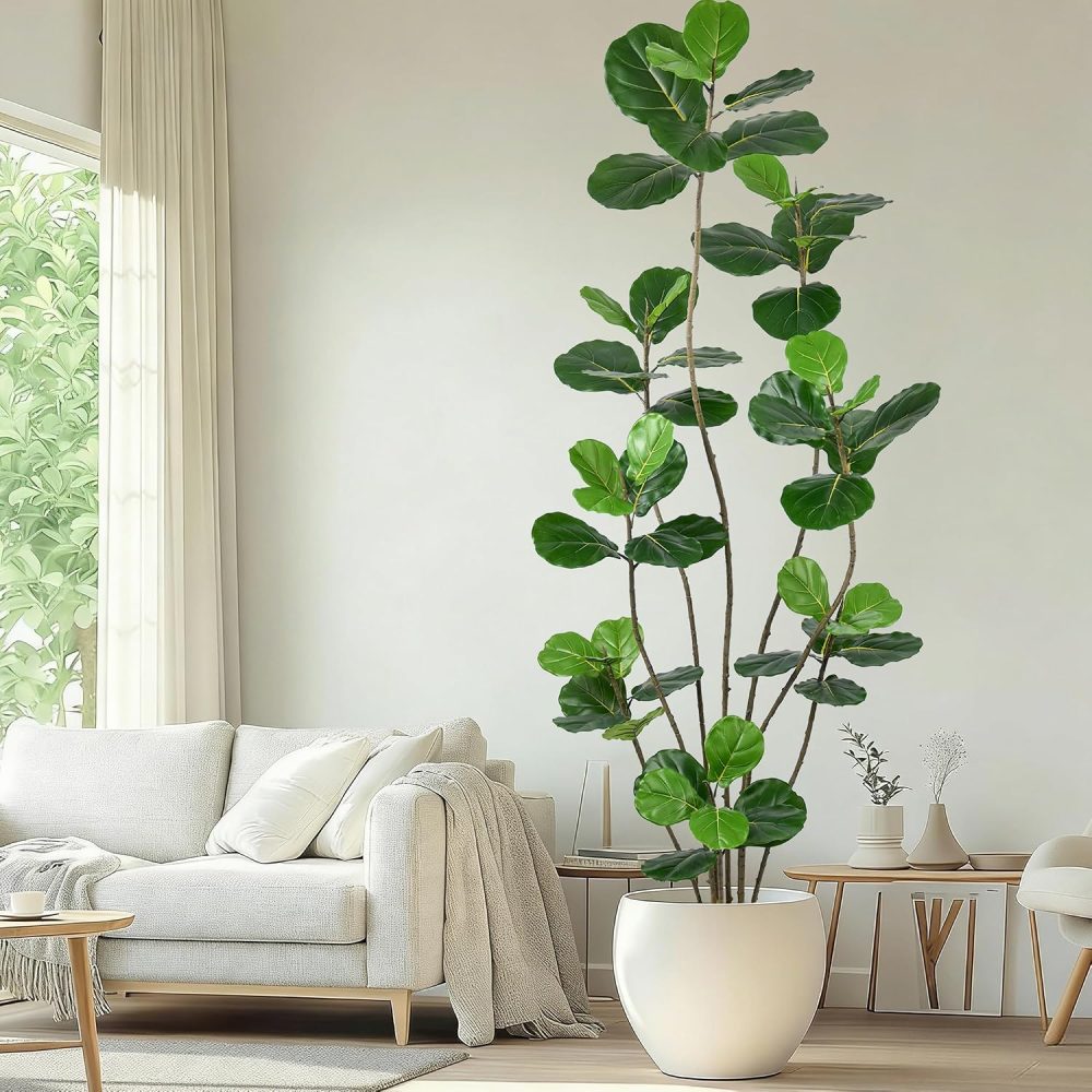 Artificial large-leaf Ficus lyrata (Fiddle-leaf Fig) floor plant; decorative tree for living room corners and bedrooms