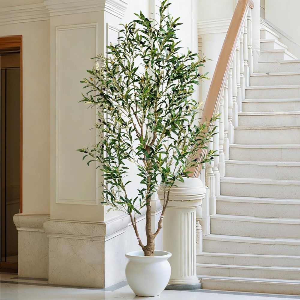 Artificial olive tree floor plant in a white planter with moss detailing; greenery for indoor and outdoor spaces - Image 2