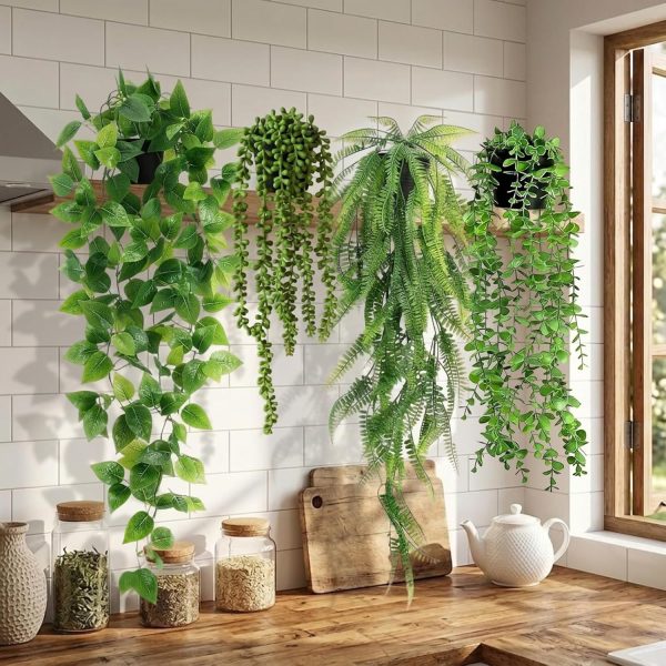 Artificial hanging eucalyptus and ivy plant arrangement for bathroom, bookshelf, or office decor