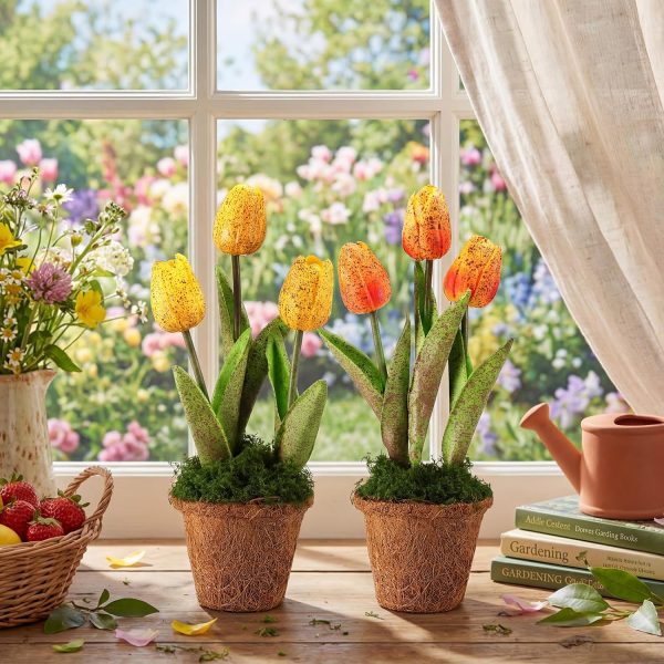 Artificial tulip arrangement in vintage-style pot for tabletop, dining table, or bookshelf spring decor